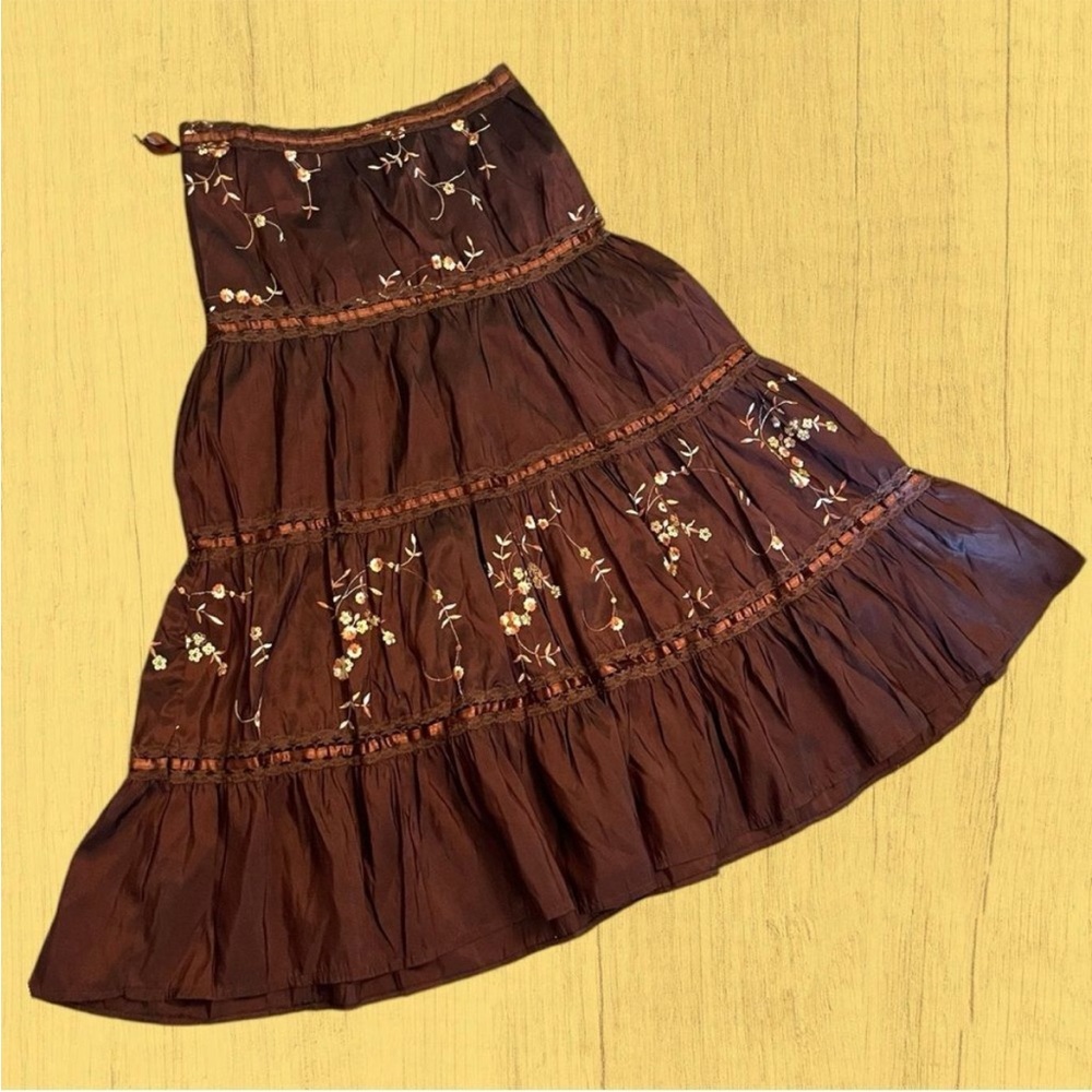 Vintage bohemian brown tiered maxi skirt floral taffeta